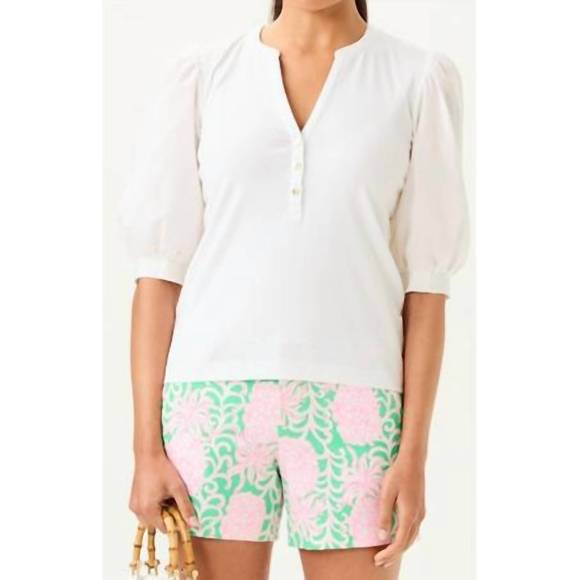 LILLY PULITZER Tops - Lilly Pulitzer White Puff Sleeve Henley Top